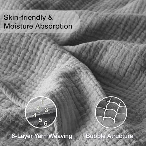 100% Cotton Muslin Blanket Large 50" x 70", 6 Layers Breathable and Lightweight Cotton Throw Blanket for Bed and Couch, Soft Quilt Bedspread, Gauze Blanket for Adults All Season, Grey - Image 4
