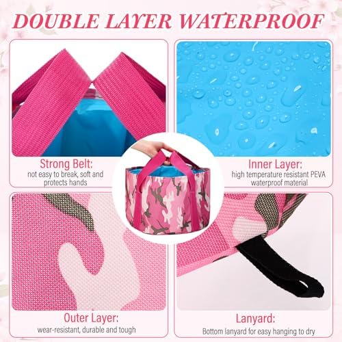 FillTouch 12 Pcs 15L Foldable Foot Soaking Tub Kit Portable Foot Bath Tub for Soaking Feet with Towel and Storage Bag Soak Spa Bucket for Travel Camping(Camouflage,Pink) - Image 3