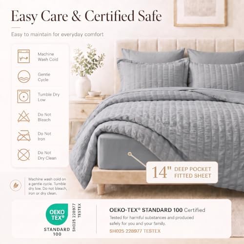 CozyLux King Size Comforter Set, 7 Pieces Grey Seersucker Bed in a Bag - Image 5