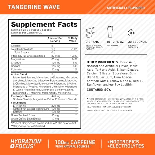 Optimum Nutrition Amino Energy Powder Plus Focus, Tangerine Wave, 9.5 Oz - Image 2