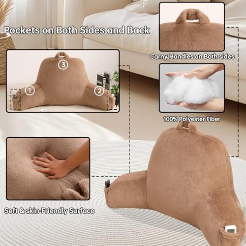 Soft Reading Pillow for Bed with Arms,Middle,Khaki,Faux Fur - Image 5