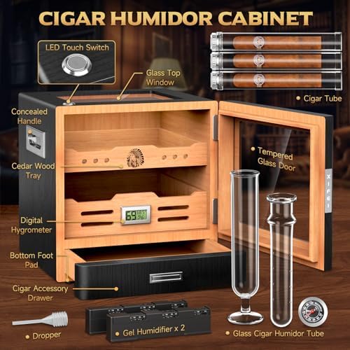 XIFEI Cigar Humidor Cabinet, Glass Top Humidors with Adjustable LED Lighting, Acrylic & Glass Tube, Digital Hygrometer, 2 Humidifiers, Cedar Wood Humidor with Accessory Drawer for Gifts - Image 2
