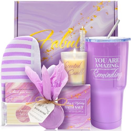 BODY & EARTH Self Care Gifts for Women Get Well Soon Gifts, Purple Birthday Gift Baskets, 8pcs Lavender Bath and Body Sets with 20oz Vacuum Insulated Tumbler Mother's Day Gifts for Mom by BODYEARTH