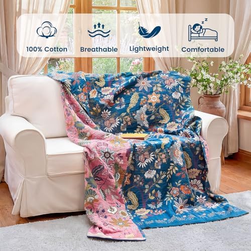 MSGKV Boho Throw Blanket 50"x60" Summer Cotton Blue Floral Throw for Couch - Image 2