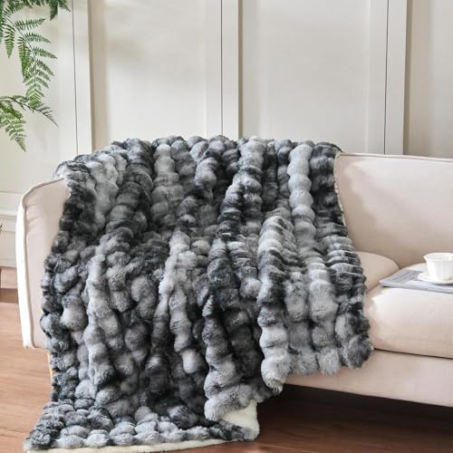 60x80 Inches Ultra-Soft Fuzzy Faux Fur Plush Twin Size Blanket - Thick, Warm Sherpa for Couch, Sofa, Bedroom, Camping - Decorative Blanket for Cozy Warmth, Bubble Light Grey Tie Dye - Image 5