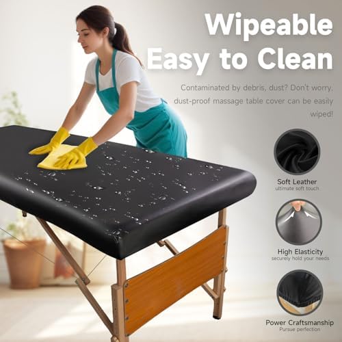 PU Leather Massage Table Cover Protector Wipeable Massage Bed Cover Made of 4-Ways Elastic 100% Waterproof Material, Machine Washable, Fit Rectangular Tables 28-32" Wide (Black, 1Pcs) - Image 4