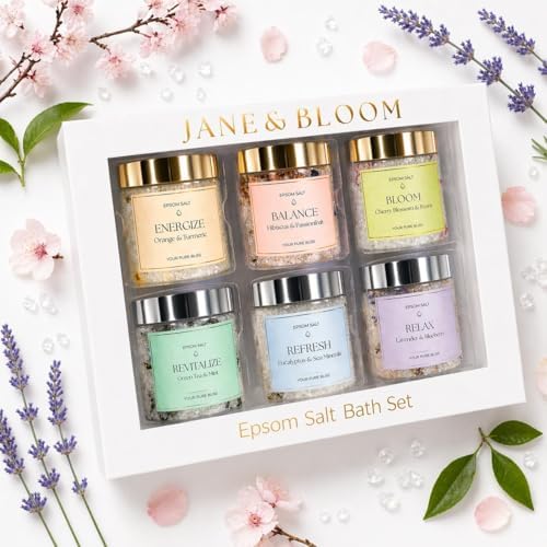 Epsom Salt Bath Gift Set – 6 Aromatherapy Blends with Essential Oils – Bath & Body Gift Set for Women, Stress Relief, Self Care, Birthday Gifts – Jane & Bloom by JaneBloom