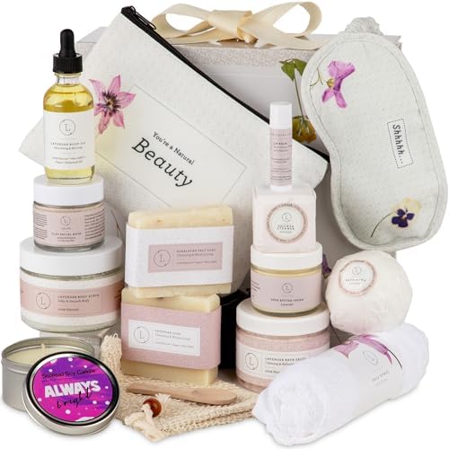 Lizush Luxury Spa Gifts for Women - 15 Piece Lavender Gifts for Her, Gift Baskets for Women, Body Care Set for Mom, Birthday Box, Self Care Spa Kit For Wife - Handmade in the USA by Lizush