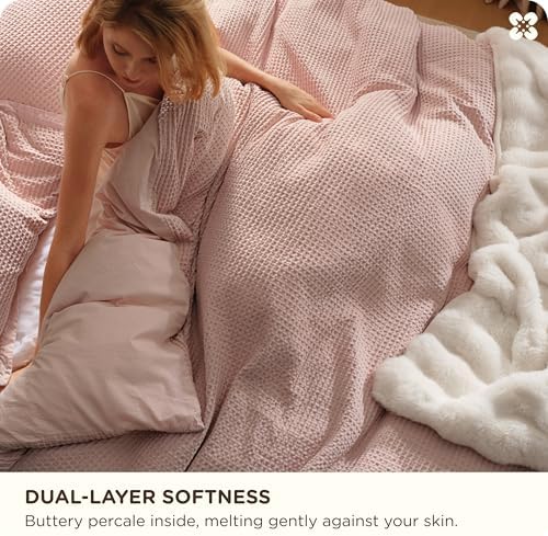 Bedsure PureWoven 3 Pieces 100% Cotton Waffle Duvet Cover Set, King, Pink - Image 4