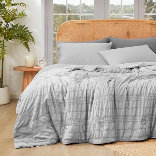 Cozy Bliss Seersucker Cooling Comforter Queen Size, Q-Max 0.45 Reversible Lightweight Cooling Blanket, Breathable Silk Smooth Summer Bedding Quilt for Hot Sleepers Night Sweats Light Grey by CozyBliss