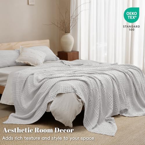 PHF Lightweight 100% Cotton Waffle Blanket for Bed, King, Light Grey - Image 6