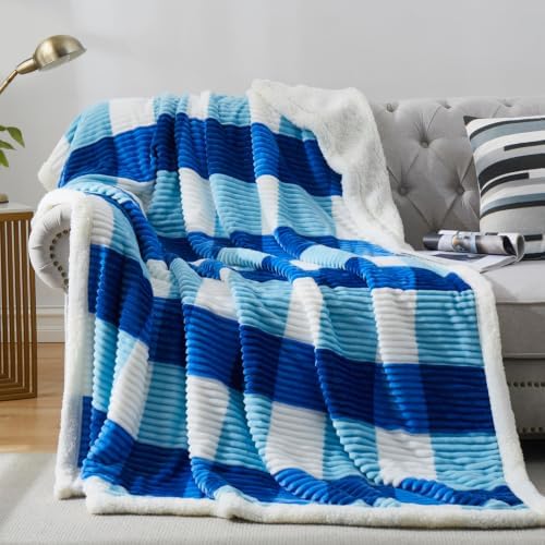 PU MEI Sherpa Blanket Twin Plaid Thick Bed Blanket, 90”*80” Super Soft Flannel Fuzzy Fleece Reversible Velvet Plush Warm Blanket for Couch(Blue Check, 80"*90") by HOME