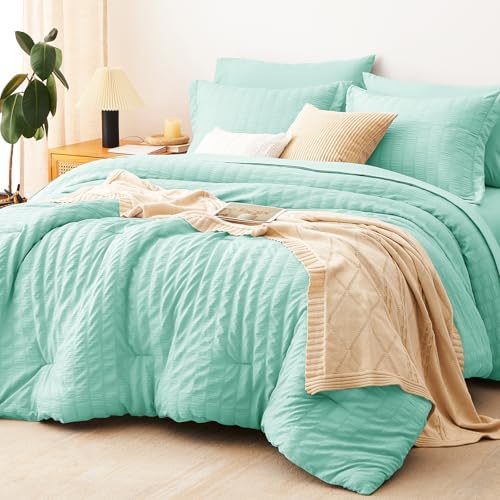 CozyLux King Size Comforter Set 7 Pieces Mint Green Seersucker Bed in a Bag by CozyLux