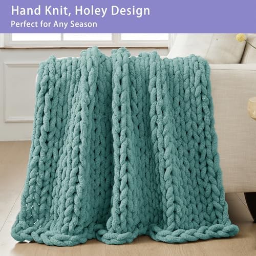 Bigacogo Chunky Knit Throw Blanket for Couch, 51x63 inches, Light Teal - Image 4