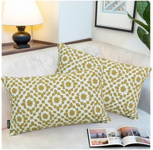 2PCS Pack Aitliving Golden Palm Lumbar Pillow Cushion Cover Decorative Throw Pillow Case in Oil Yellow 12x20 Trellis Mina Dark Mustard Yellow Ochre Color 30x50cm Yellow Accent Pillow for Home Decor by Aitliving