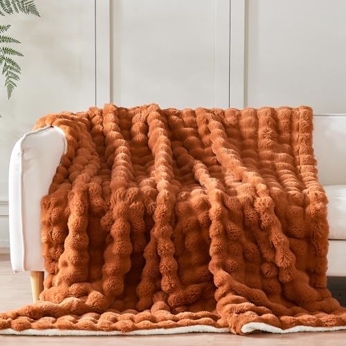 60x80 Inches Ultra-Soft Fuzzy Faux Fur Plush Twin Size Blanket - Thick, Warm Sherpa for Couch, Sofa, Bedroom, Camping - Decorative Blanket for Cozy Warmth, Bubble Rust - Image 3