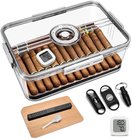 CIGARLOONG Cigar Humidor Large with Cedar Shelves, Cigar Cutter Punch and Hygrometer & Humidifier, Acrylic Cigar Desktop Box Storage for 100 Cigars Partition Clear Airtight Cigar Humidor (Medium) by Unknown