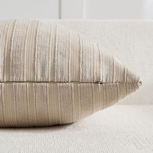 DEZENE 12x20 Taupe Lumbar Pillow Covers Soft Striped Corduroy Neutral Rectangular Throw Pillow Cases for Couch Sofa Bedroom Living Room Home Decor - Image 3