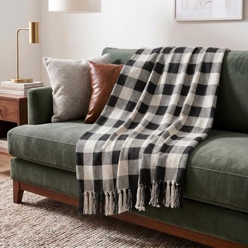 Americanflat 50x60 Throw Blanket - Soft and Breathable Cotton Throw Blanket for Couch, Bed, Chair - Decorative Blankets Perfect for Home, Office, or Outdoor Use - Black, Cream and Beige Plaid Design by Americanflat
