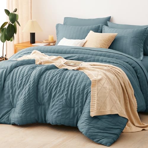 CozyLux California King Comforter Set, Mineral Blue Seersucker Bed in a Bag by CozyLux