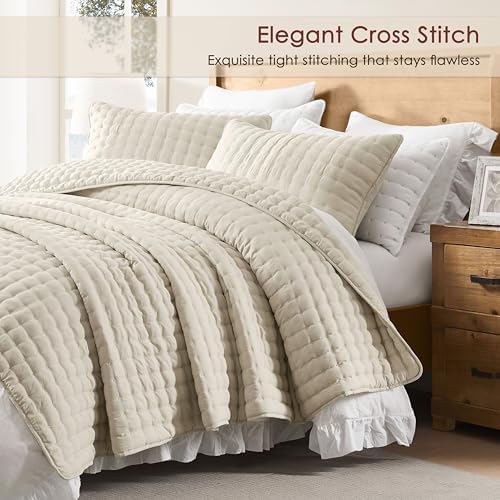 WDCOZY Beige California Oversized Cal King Size Quilt Bedding Sets with 2 Pillow Shams, Neutral Lightweight Soft Bedspread Coverlet Bed Cover for All Season, 3 Pieces, 116x106 inches - Image 3