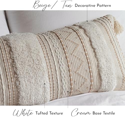 BlissBlush 14x36 Lumbar Pillow Cover for Bed, Rectangular Long Decorative Throw Pillowcase, Boho Accent Cushion with Tufted Pattern and Tassels, Cream Beige Neutral (Cover Only) - Image 5