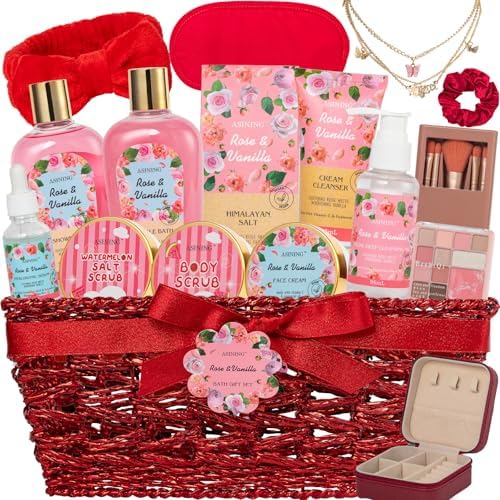 Skin Care Set for Women, Red Rose Bath & Body Basket Gift, Spa Gift Basket by ASINING