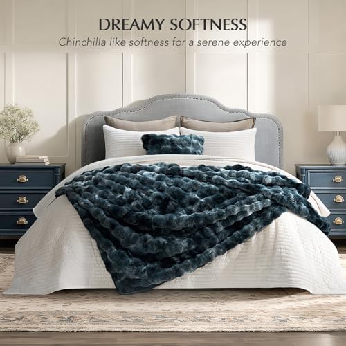 EverGrace Faux Rabbit Fur Bubble Throw Blanket, 50"x60", Marble Deep Indigo - Image 6