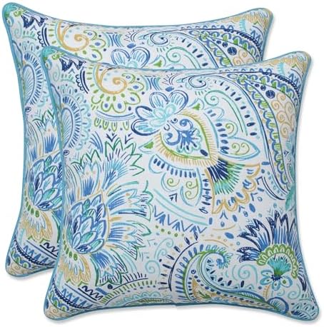 Pillow Perfect Paisley Indoor/Outdoor Accent Throw Pillow, Plush Fill, Weather, and Fade Resistant, Throw - 16.5" x 16.5", Blue/Yellow Gilford, 2 Count by PillowPerfect