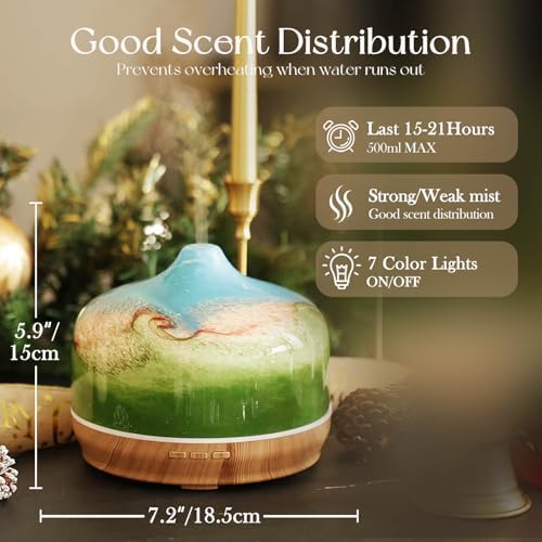 Porseme 500ml Glass Essential Oil Diffuser Aromatherapy Ultrasonic Cool Mist Humidifier 15-21 Running Hours Waterless Auto-Off Air Diffusers for Sleeping Yoga Working Spa(Blue Grass) - Image 3