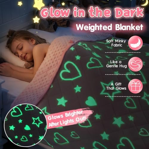 yescool Pink Glow in the Dark Blanket 7 Pounds, 40 * 60in Heart Star Blanket for Girls, Minky Weighted Blankets Gifts - Image 4
