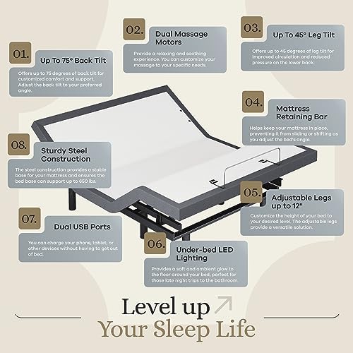 Sven & Son Classic Adjustable Bed Base, Head and Foot Lift, Massage, Under-Bed Lights, USB, Memory, Zero Gravity Smart Frame - Queen - Image 5