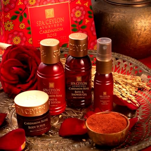 Spa Ceylon Ayurveda Cardamom Rose Discovery Set – 4-Piece Natural Uplifting Spa Gift Set with Himalayan Rose & Organic Ceylon Cardamom - Bath Gel, Body Lotion, Pillow Mist & Scrub - Image 5