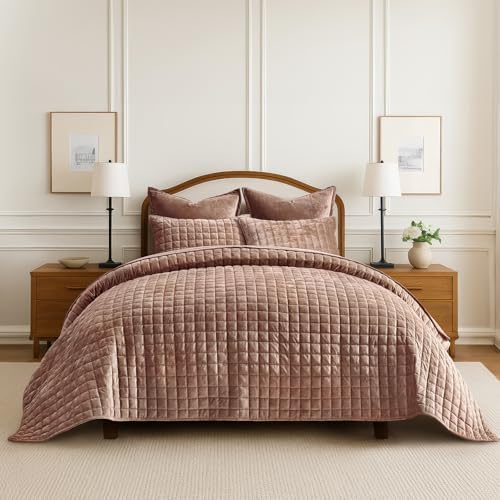 RECYCO Channel Box Stitch Velvet Quilt Set, King Size, Terracotta Clay by RECYCOHOMECOLLECTION