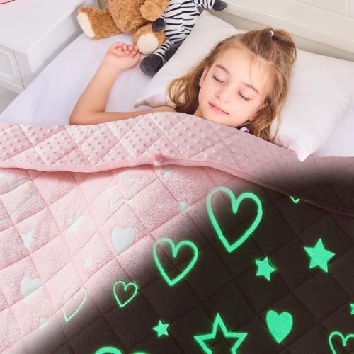 yescool Pink Glow in the Dark Blanket 7 Pounds, 40 * 60in Heart Star Blanket for Girls, Minky Weighted Blankets Gifts by yescool