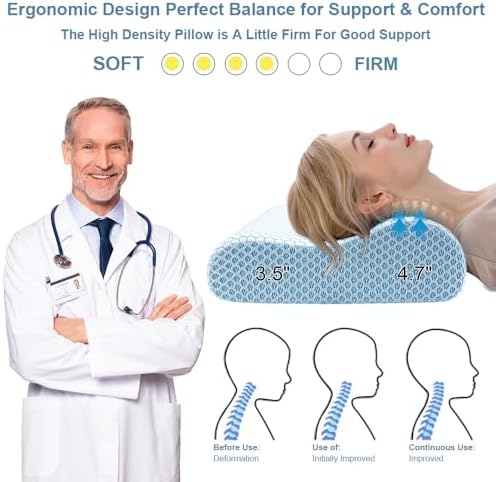 Anvo Memory Foam Pillow, Neck Contour Cervical Orthopedic Bed Pillow for Sleeping Side Back Stomach Sleeper, Ergonomic Design for Neck and Shoulder Pain Relief, Blue White, Firm - Image 2