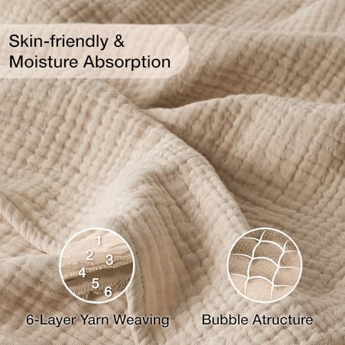 Cooling Throw Blanket Twin XL 66" x 90", 6 Layers Muslin Blankets 100% Cotton, Breathable and Lightweight Twin Blanket for Bed, Soft Bedspread, Gauze Bedding for All Season, Beige Linen - Image 4