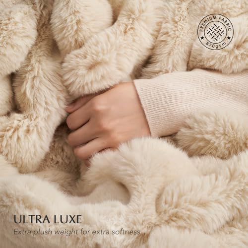 EverGrace Faux Rabbit Fur Bubble Throw Blanket, 60"x80", Cream - Image 3