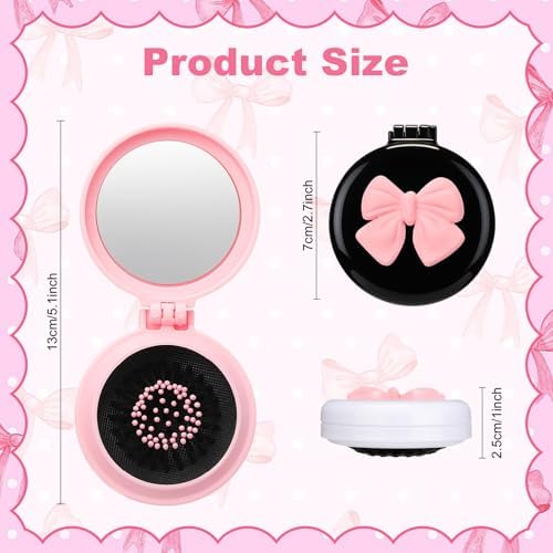 12 Pcs Multicolored Coquette Bow Mini Hair Brushes Folding Mirror Coquette Detangler Brush Bulk Round Compact Massage Scalp Comb for Purse Women Travel Team Gifts Trendy Stuff Party Favors - Image 2