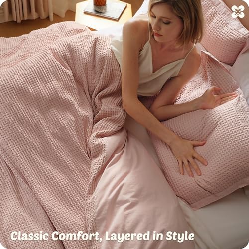 Bedsure PureWoven 3 Pieces 100% Cotton Waffle Duvet Cover Set, Queen, Pink - Image 6