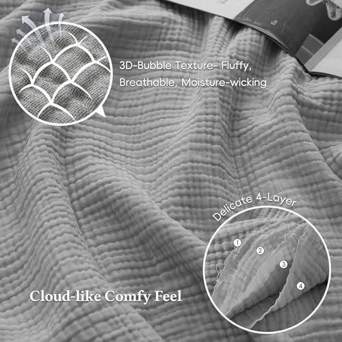 David's Home 100% Cotton Muslin Throw Blanket for College Dorm, 4-Layer Soft Breathable Lightweight Comfy Cozy Throw Guaze for Hot Sleepers, 3D Bubble Room Decor for Bed, Giftable, Dark Grey, 50"x70" - Image 3
