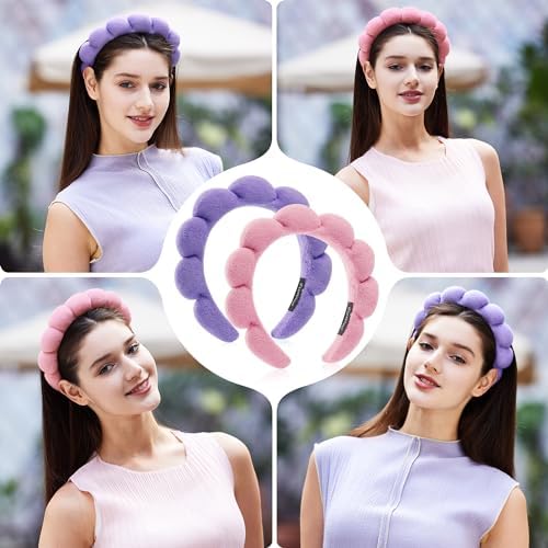 Spa Facial Headbands Combo Pack - 2 Terry Cloth Makeup Headbands for Face Washing, Masks, and Skin Treatments (Pink + Purple) - Image 5