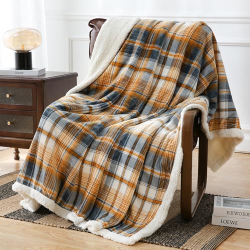 PU MEI Sherpa Blanket Twin Plaid Thick Bed Blanket, 60”*80” Super Soft Flannel Fuzzy Fleece Reversible Velvet Plush Warm Blanket for Couch (Blue Yellow Check) - Image 2