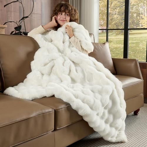 Lotus Karen Queen Size Faux Fur Blanket - Cream White Big Bubble Rabbit Fluff, 90x90 Inches - Image 6