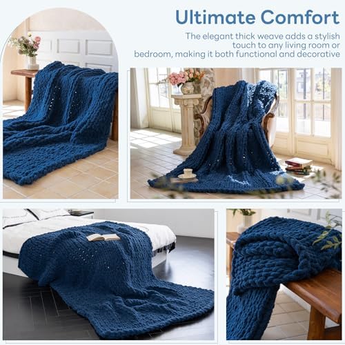 Chunky Knit Throw Blanket for Couch，60X80 Inches Deep Blue - Image 3