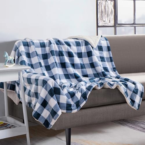 Elegant Comfort Luxury Ultra-Plush Velvet Touch Buffalo Plaid Fleece Throw - Soft, Warm, Cozy Micromink Sherpa-Backing Reversible Blanket for Bed, Sofa and Couch, Buffalo Navy - Image 5