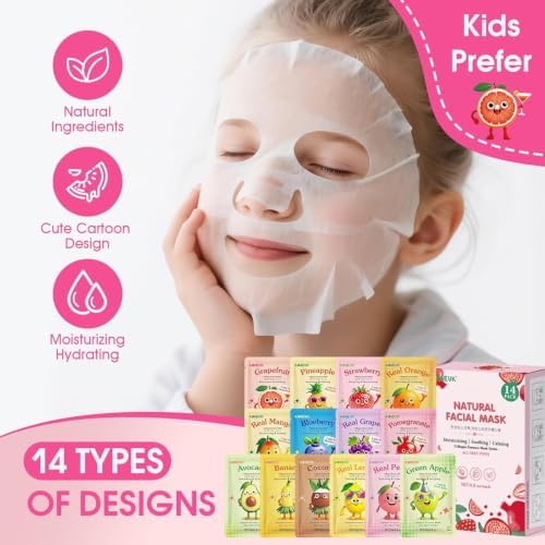 14 Pack Fruit Face Masks Skincare for Kids, Sheet Hydrating Facial Mask - Image 4