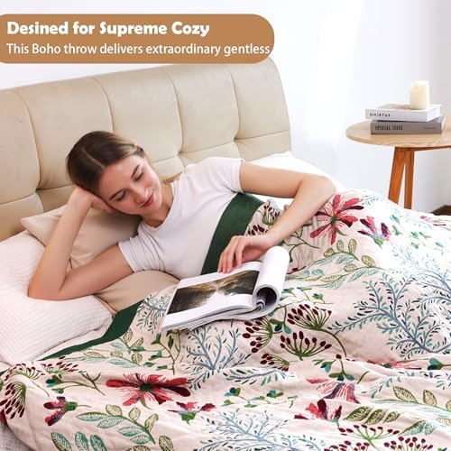 VANJOROY Boho Throw Blanket, 100% Organic Cotton Breathable Ultra Soft 80" x 90" Bed Quilt Throw - All Season Floral Rustic Farmhouse Decor Luxury Reversible Blanket for Sofa Couch Chair and Gift - Image 6