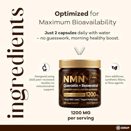 NMN Supplement, 1200mg Blend with 600mg NMN, 250mg Quercetin, 200mg Resveratrol, CoQ10 & Astaxanthin, Daily Supplement Formula, 60 Veggie Capsules, 30 Servings - Image 6
