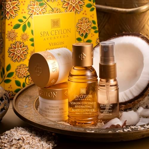 Spa Ceylon Ayurveda Virgin Coconut Discovery Set – 4-Piece Natural Body & Hair Gift Set – Body Cleanser, Ultra-Rich Body Cream, Hair Oil & Face Body Scrub, Cold Pressed Ceylon Coconut - Image 5